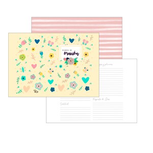 Puede incluir: Un diario amarillo con un patrón floral y el texto "Diario de Oracion" en negro. El diario tiene secciones para la gratitud, las oraciones y las peticiones, y las respuestas de Dios.