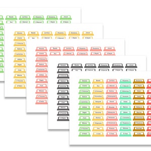 Puede incluir: Conjunto de separadores de pestañas de la Biblia imprimibles de colores con diferentes nombres de libros y números de capítulos. Las pestañas son de varios colores, incluidos verde, amarillo, naranja, rosa y rojo.