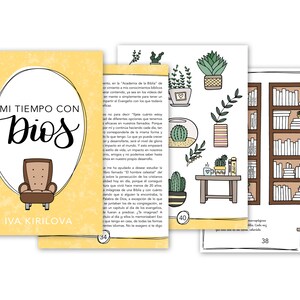 Puede incluir: Una portada de libro amarilla y blanca con el título "Mi Tiempo Con Dios" en letras cursivas negras. La portada también presenta un sillón marrón con un cojín amarillo.