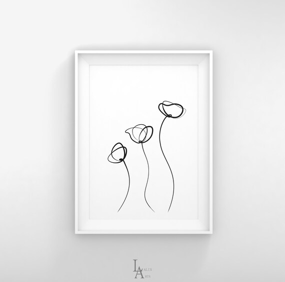 Mohn Linie Zeichnung Einzelne Linie Kunst Wand Dekor Schwarz Etsy