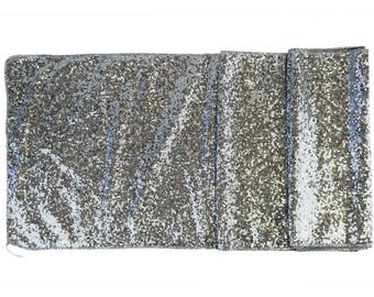 Just Artifacts Sequin Table Runner Solid Silver 12"x108"- Metallic Table Runners for Weddings, Parties, & Events