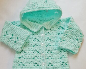 Green Hooded Baby Sweater, Gender Nuteral, Handmade Baby Sweater, Size 0- 3 Months, Baby Cardigan, Crocheted Button Sweater, Baby Gift