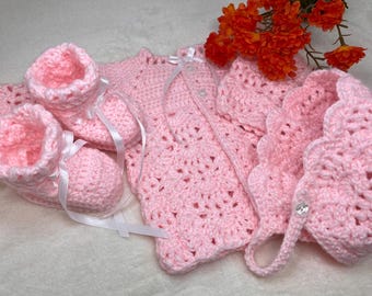 Handmade Crocheted Baby Sweater Set: Bonnet & Booties, Newborn Gift (0-3 Months)
