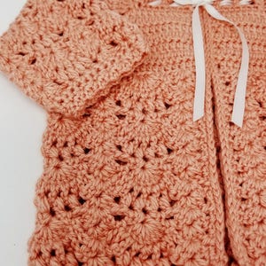 Handmade Baby Sweater Set, Peach Baby Sweater, Hand Crocheted Sweater and Hat Bonnet. Newborn Sweater Set, Ready To Ship, Baby Shower Gift image 3