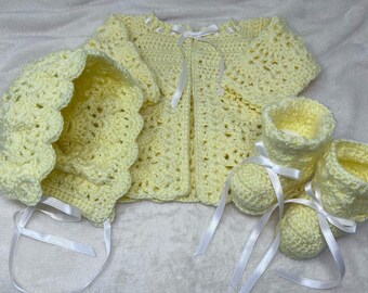 Handmade Yellow Baby Sweater Set, Hand Crocheted Sweater Bonnet Booties, Gender Neutral Baby Sweater, Ready To Ship, Baby Shower Gift