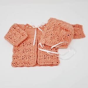 Handmade Baby Sweater Set, Peach Baby Sweater, Hand Crocheted Sweater and Hat Bonnet. Newborn Sweater Set, Ready To Ship, Baby Shower Gift image 1
