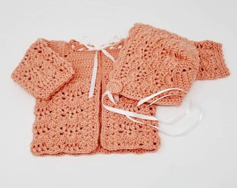 Handmade Baby Sweater Set, Peach Baby Sweater, Hand Crocheted Sweater and Hat Bonnet. Newborn  Sweater Set, Ready To Ship, Baby Shower Gift