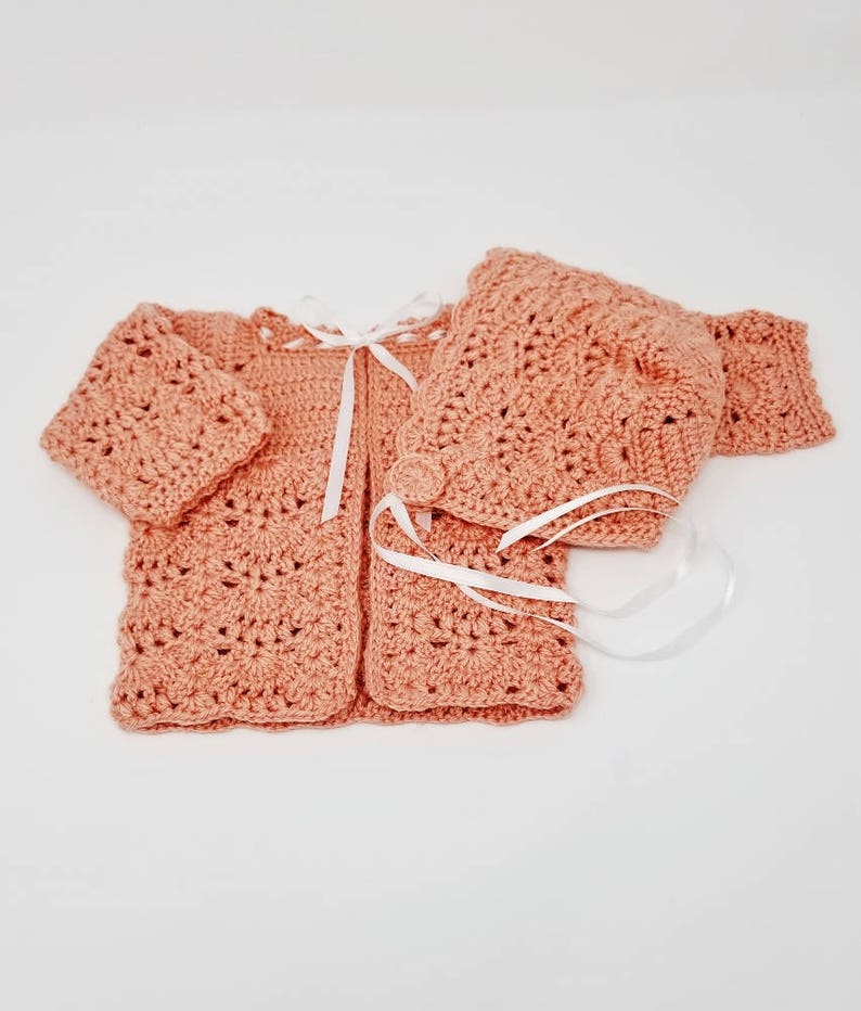 Handmade Baby Sweater Set, Peach Baby Sweater, Hand Crocheted Sweater and Hat Bonnet. Newborn Sweater Set, Ready To Ship, Baby Shower Gift image 1