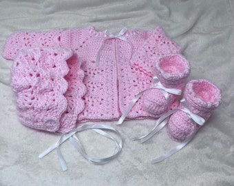 Handmade Baby Sweater Set, Pink Baby Sweater, Hand Crocheted Sweater Bonnet Booties, Newborn Girl Sweater, Ready To Ship, Baby Shower Gift