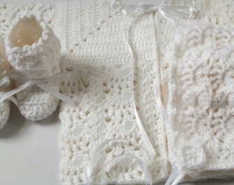 White Handmade Baby Sweater Set, Baby Sweater, Hand Crocheted Sweater Bonnet Booties, Newborn Sweater Set, Ready To Ship, Baby Shower Gift