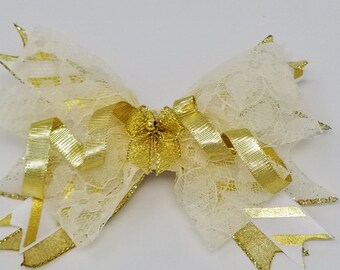 Hair Bow in Gold and White, Hair Bows, Summer Hair Bow, Toddler Bow, Girls Hair Bow, Hair Accessories