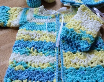 Handmade Baby Sweater Set, Baby Boy Sweater, Hand Crocheted Sweater Hat Booties, Newborn Boy Sweater, Ready To Ship, Baby Shower Gift