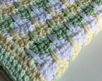 Gender Nuteral Handmade Baby Blanket, Green Yellow and White Crochet Blanket, Size 25” x 30”, Baby Shower Gift, Photo Prop, Baby Gift