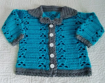Turquoise and Gray Baby Sweater,  Size 12 - 18 Months, Baby Cardigan, Handmade Baby Sweater,  Baby Gift