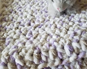 Handmade Crocheted Chunky Baby Blanket, Lilac & White Plush Throw, 20”x25”