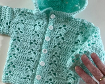 Green Hooded Baby Sweater, Gender Neutral, Handmade Baby Sweater, Size 0- 3 Months, Baby Cardigan, Crocheted Button Sweater, Baby Gift