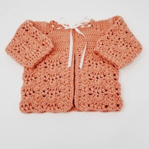 Handmade Baby Sweater Set, Peach Baby Sweater, Hand Crocheted Sweater and Hat Bonnet. Newborn Sweater Set, Ready To Ship, Baby Shower Gift image 2