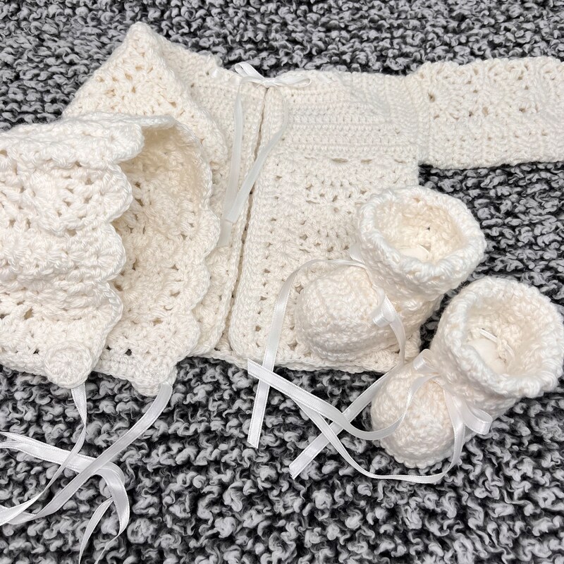 Baby Girls Hand crochet sweater w/hat grey and white