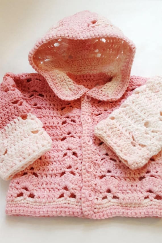 Pink and White Hooded Baby Sweater Handmade Baby Sweater Size 0