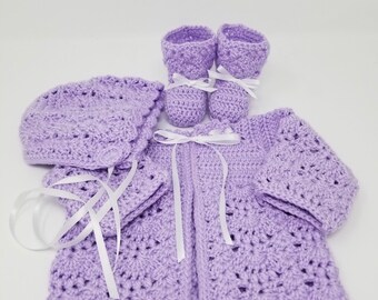 Handmade  Baby Sweater Set ,Lilac Baby Sweater, Hand Crocheted Sweater Bonnet Bootie, Newborn Girl Sweater, Ready To Ship, Baby Shower Gift