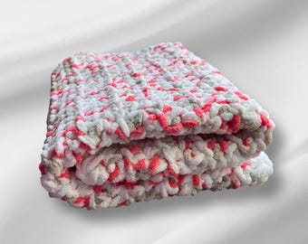 Hand Crocheted Chunky Baby Blanket, Pink, Brown & White Plush Wrap, 20x25 inch