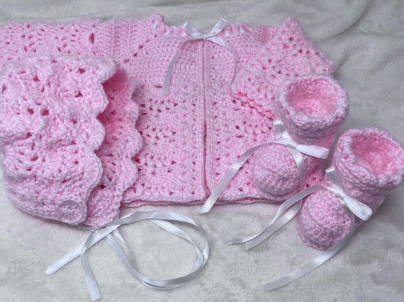 Pink Handmade Baby Sweater Set Hand Crocheted Sweater Bonnet Booties Newborn infant Girl Sweater Cozy Ready to Ship Baby Shower Gift Etsy