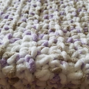 Handmade Crocheted Chunky Baby Blanket: Lilac & White Plush Throw