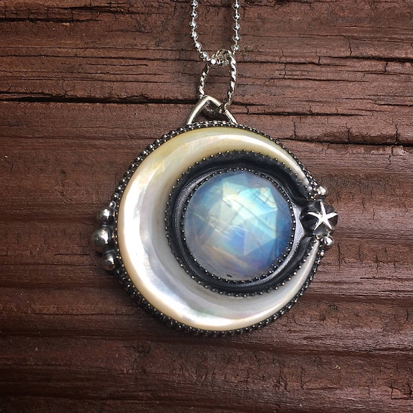 2 Stone Lunar Dream Necklace, Rainbow Moonstone, Sterling and Fine Silver, Handmade, 18 Inch Chain