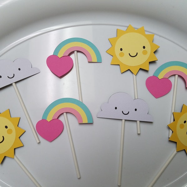 Rainbow cupcake toppers, sunshine cupcake topeprs, sunshine party, rainbow birthday, rainbow party decorations