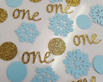 Snowflake confetti, 1st Birthday Decorations Gold and blue Party Decorations, Winter Onederland ONE and Snowflakes confetti, 100 pieces