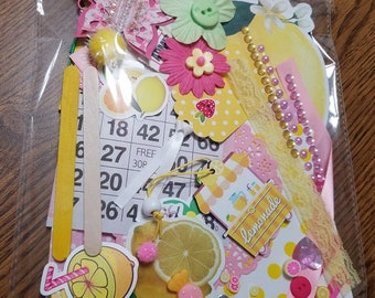 Pink Lemonade Junk Journal kit, Mystery Junk journal kit, junk journal embellishments, lemon junk journal kit