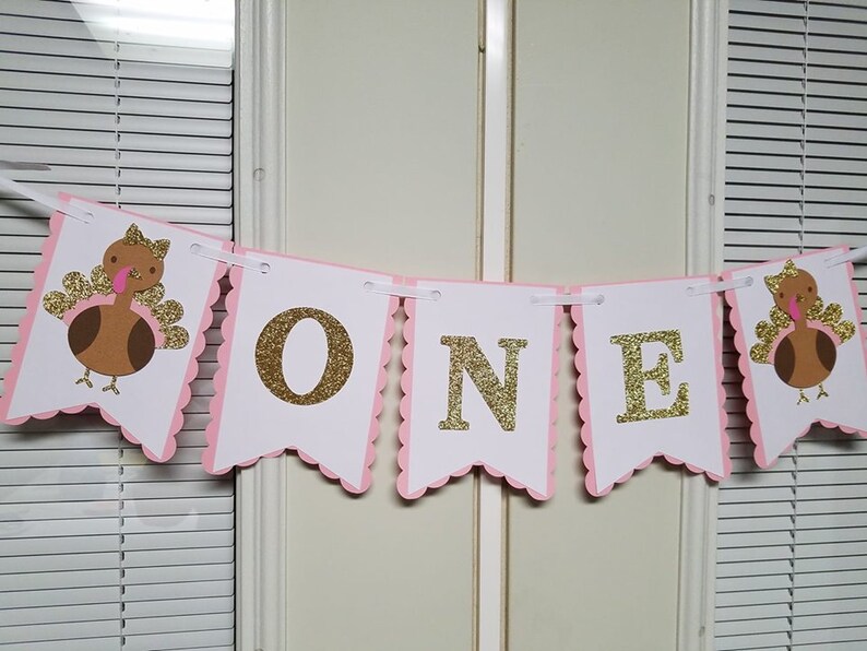 Pu&ograve; includere: Striscione rosa e bianco con lettere dorate glitter che compongono la parola "ONE" e due illustrazioni di tacchini marroni e rosa alle estremit&agrave;.