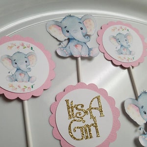 Elephant cupcake toppers, elephant baby shower, elephant it&#39;s a girl, elephant decorations,  elephant party, elephant its a girl