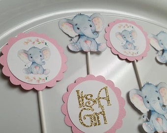 Elephant cupcake toppers, elephant baby shower, elephant it's a girl, elephant decorations,  elephant party, elephant its a girl