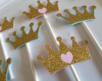 Prince and princess, crown cupcak toppers, twins party decorations, princess cupcake toppers, prince cupcake topepr, gold crowns
