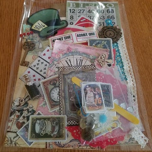 Alice Junk Journal kit, Mystery Junk journal kit, junk journal embellishments, Alice scrapbooking supplies,