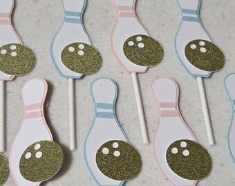 Bowling birthday cupcake toppers, bowling pin cupcake, Bowling party, Bowling ball party decorations, bowling party, bowling pin decor