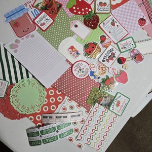 Strawberry Junk Journal Ephemera Pack - 45 Pieces ,  Reds Pinks,  Strawberry Shortcake recipe , Scrapbook Supplies, Stickers, mystery kit