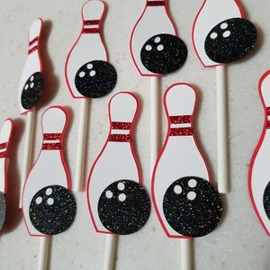 Bowling birthday cupcake toppers, bowling pin cupcake, Bowling party, Bowling ball party decorations, bowling party, bowling pin decor