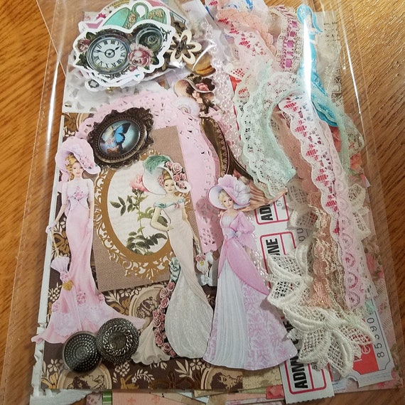 Victorian Ephemera Kit, Lace, Buttons, Stickers, Junk Journaling