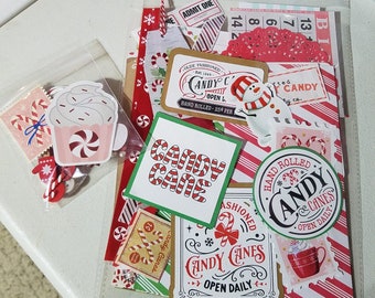 Candy Cane junk journal kit, 50 plus items, Candy cane mystery kit, Christmas scrapbook supplies, Christmas ephemera, Candy cane kit