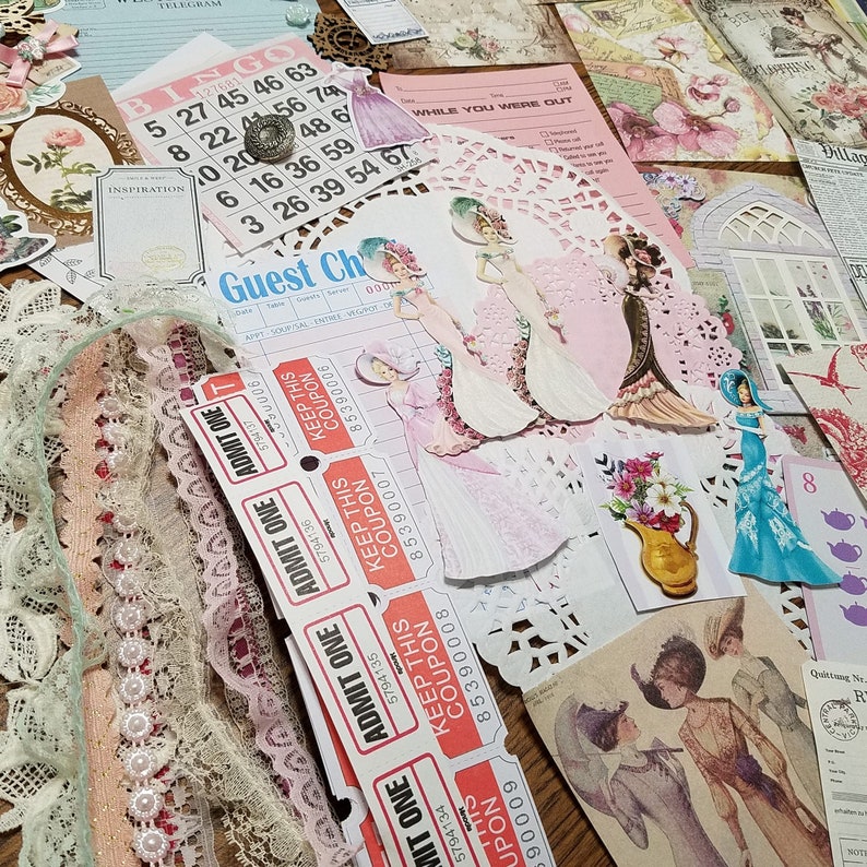 May include: A collection of vintage paper ephemera, including a bingo card, a guest check, and several tickets. The paper is decorated with lace, flowers, and other embellishments. The image also includes a small window frame with a floral design.