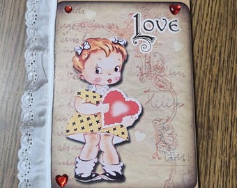 Vintage Valentine’s Day Mini Composition Notebook, Junk journal altered notebook