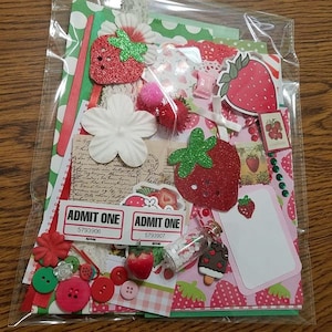 Mystery Strawberry Junk Journal kit, Mystery Junk journal kit, junk journal embellishments, Strawberry junk journal kit
