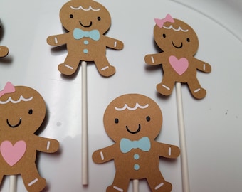 Gingerbread Cupcake Toppers, Gender Reveal Party Decorations, 1 Dozen