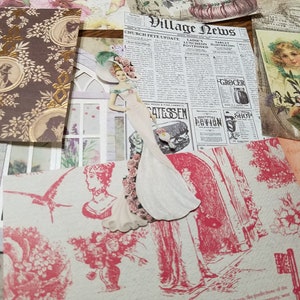 May include: A vintage-style paper collage featuring a woman in a white dress with pink flowers, a newspaper clipping with the text "Village News", and various floral patterns.
