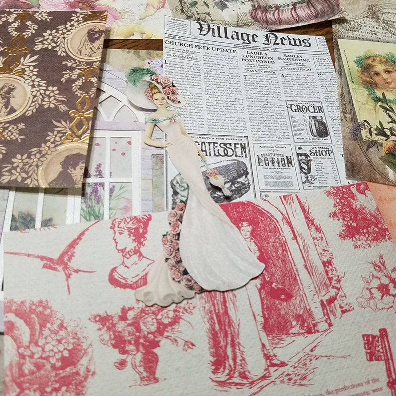 May include: A vintage-style paper collage featuring a woman in a white dress with pink flowers, a newspaper clipping with the text "Village News", and various floral patterns.