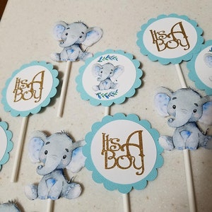 Elephant cupcake toppers, elephant baby shower, elephant it&#39;s a boy, elephant decorations,  elephant party,