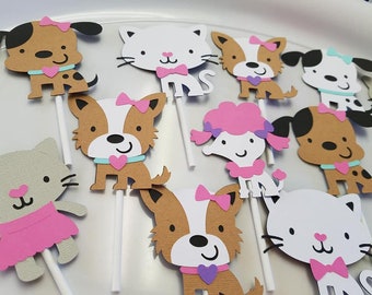 Puppy and cat cupcake toppers, Puppy and cat decoration, Puppy and cat  party, Puppy Birthday, cat cupcake topper, kitty decoration