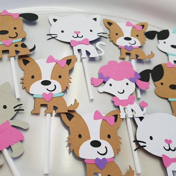 Puppy and cat cupcake toppers, Puppy and cat decoration, Puppy and cat  party, Puppy Birthday, cat cupcake topper, kitty decoration